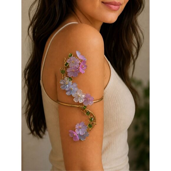 Hand Crafted Jewelry - Enchanted adjustable gold tone floral arm cuff whimsical fairy core blossom flow
